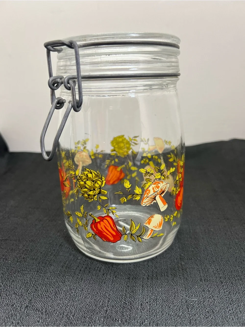 Vintage ARC France Glass jar canister with tomatoes and mushrooms